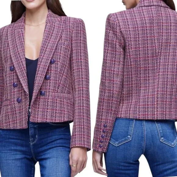 L’AGENCE Brook Tweed Double Breasted Cropped Blazer Purple Pink Size 10 - Picture 3 of 15